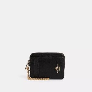Coach Black Unisex Leather Card Case with Gold Chain